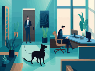 Gold and Blue Corporate: An Illustration of People at Work with a Dog
