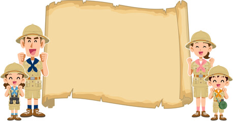 宝の地図のフレームとワクワクする家族

