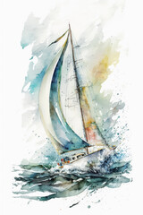 Watercolor sailboat, sailing boat on the sea illustration, yachting generative ai