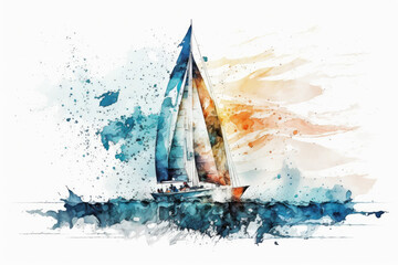 Watercolor sailboat, sailing boat on the sea illustration, yachting generative ai - obrazy, fototapety, plakaty