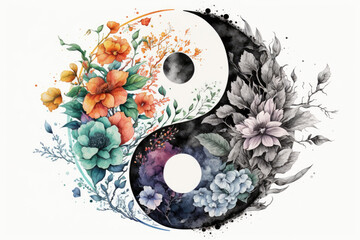 Floral ying yang symbol, watercolor meditation and mindfullnes lifestyle concept art, spiritual awerness, mental soul health, self care, healthy habit, relief generative ai	 - obrazy, fototapety, plakaty