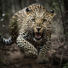 Plakat Close-up of a running leopard in the forest