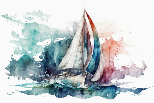 Watercolor sailboat, sailing boat on the sea illustration, yachting generative ai