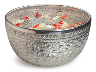Silver metal bowl filled with water and jasmine flowers for Songkran Festival Day silver Activities isolated on white background With work path.