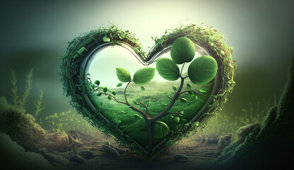  green heart with leaves over green background, Generative ai