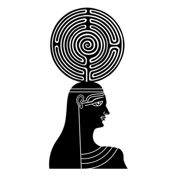 recommend clip art: Portrait in profile of antique woman holding a round spiral maze or labyrinth symbol on her head. Ancient Egyptian goddess. Ariadne. Creative concept. Black and white silhouette.