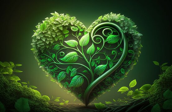  green heart with leaves over green background, Generative ai