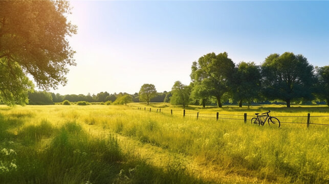 Beautiful summer landscape with meadow and trees, Generative ai