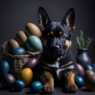 German Shepherd Puppy with Easter Eggs
