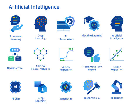 Artificial intelligence icon set collection machine deep learning algorithm concept blue graphic