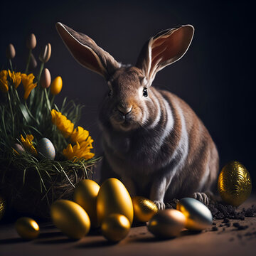 Brown Rabbit with Golden Easter Eggs
