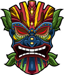 Tiki mask with leaves mascot logo