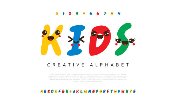 Kids modern abstract digital alphabet colorful font. Minimal cute kids typography, Creative colorful font and with numbers. vector illustration