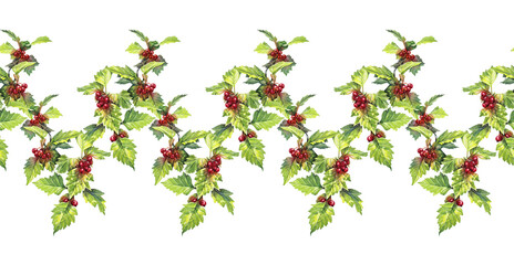 Seamless rim watercolor hawthorn isolated on white background. Hand-drawn red berry for card or invite. Botanical border for sketchbook. Healthy fruit food. For tea or cookbook. Wallpaper or wrapping