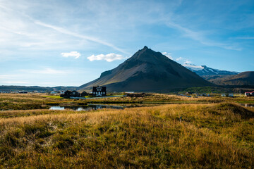 Village of Arnarstapi on a sunny day, Iceland