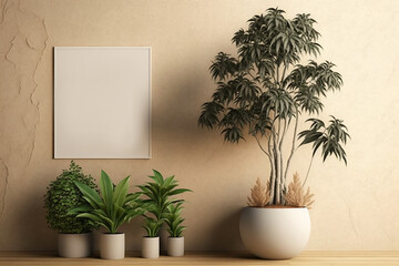 Plants against a beige wall mockup. Generative Ai
