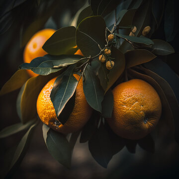 Close-up de laranjas no galho da &aacute;rvore com a luz do sol refletindo nelas.