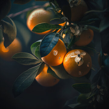Close-up de laranjas no galho da &aacute;rvore com a luz do sol refletindo nelas.