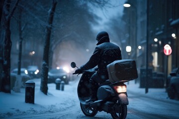Courier delivering good in harsh weather condiotions