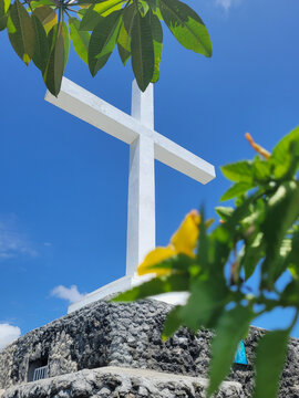 Large white cross at the top of Holy Mountain on Siquijor Island, Philippines