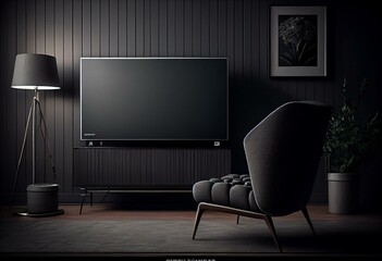 Mockup a TV wall mounted in a dark room with armchair on dark wall background. Generative AI
