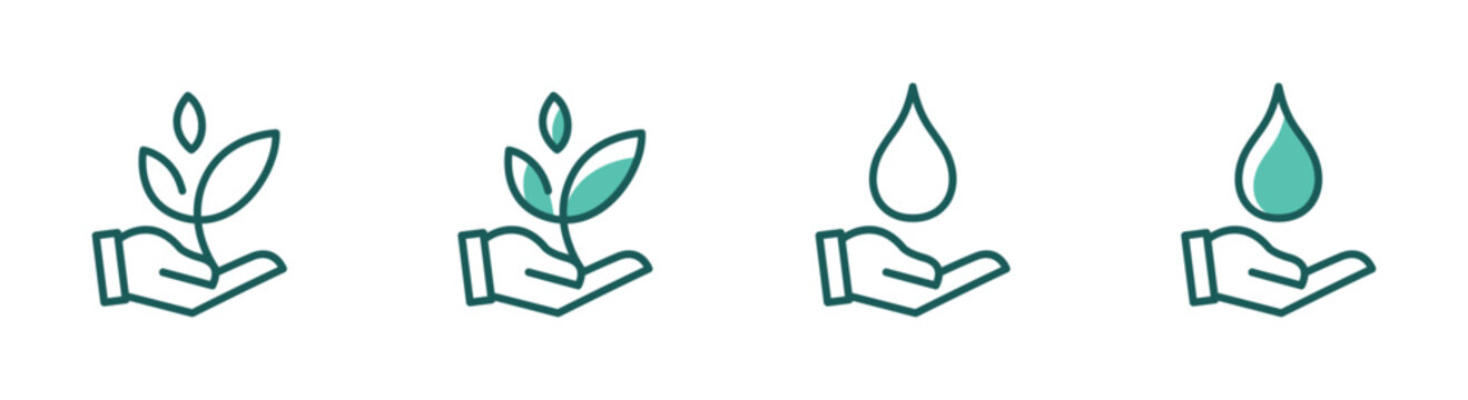 Save the earth for plants and water supply icon with hand-holding plant and water drop collection set vector design