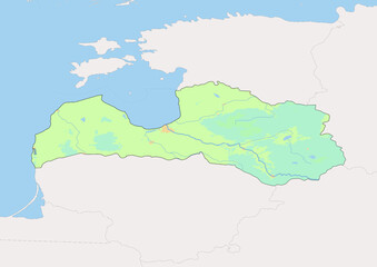 High detailed vector Latvia physical map, topographic map of Latvia on white with rivers, lakes and neighbouring countries. 