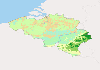 High detailed vector Belgium physical map, topographic map of Belgium on white with rivers, lakes and neighbouring countries. 
