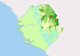 High detailed vector Sierra Leone physical map, topographic map of Sierra Leone on white with rivers, lakes and neighbouring countries. 