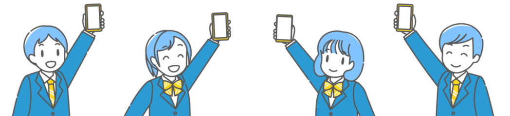 スマホを掲げて笑顔の高校生の男子女子