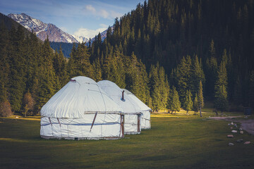 Traditional yurt house surrounded by beautiful coniferous forest and mountains in autumn, Kyrgyzstan - 589367910