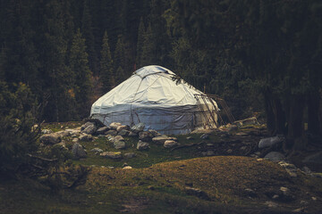 Traditional yurt house surrounded by beautiful coniferous forest and mountains in autumn, Kyrgyzstan - 589367929