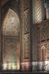 Illuminated facade of Sherdor madrasah on a famous Registan square in Samarkand, Uzbekistan - 589367944