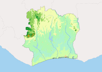 High detailed vector Ivory Coast physical map, topographic map of Ivory Coast on white with rivers, lakes and neighbouring countries. 