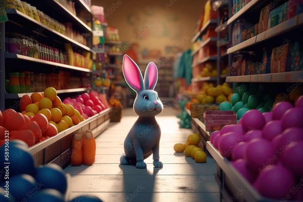 Wall mural Cartoon easter bunny and colored eggs in the store made with generative AI