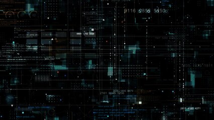 Motion graphic of Blue data matrix simulation digital line and grid technology with futuristic HUD screen on black background abstract background concept