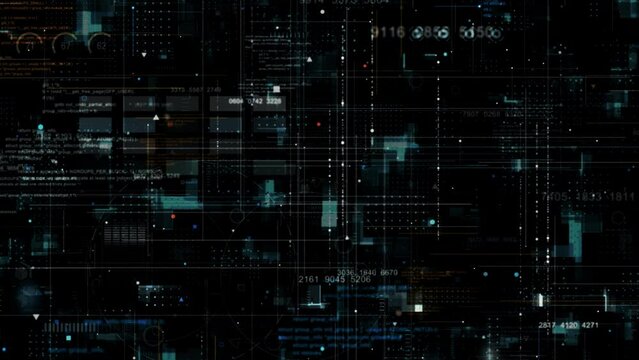 Motion graphic of Blue data matrix simulation digital line and grid technology with futuristic HUD screen on black background abstract background concept