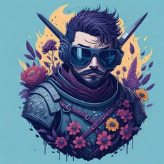 cool looking cyber knight with an armor, trendy sunglasses and flowers in the background. Generative AI