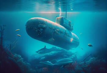 Fototapeta na wymiar Submarine Underwater - illustration - Generative AI