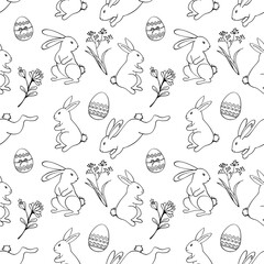 Cute seamless pattern with Easter Rabbits, eggs and plants. Line art. Black and white illustration on white.