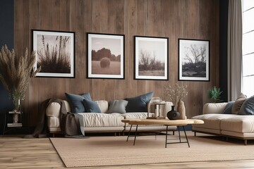 Modern, rustic living room with coffee table, love seat, coach and wood panel wall with framed photography mounted