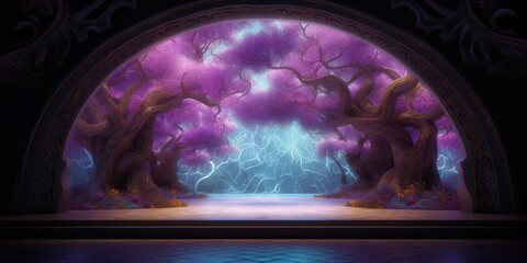 Fantasy tale of a magical portal with pink immortal trees. AI generation