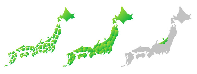 都道府県別の日本地図、緑色の日本列島、ベクターイラスト素材
