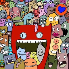 
funny monsters. Cool hand drawn characters. Cartoon hand drawn doodles, children's  illustration background. 