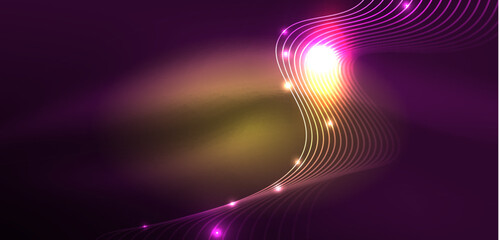 Shiny glowing neon wave. Neon light or laser show, electric impulse, power lines, techno quantum energy impulse, magic glowing dynamic lines