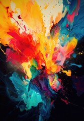 Flat splatter of abstract paint splash on canvas. Generative AI. Vibrant flow of paint with movement from the centre outwards.