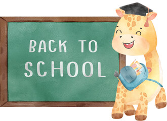 Cute happy giraffe student reading book, back to school animal watercolour illustration
