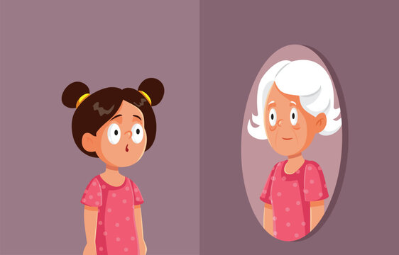 Little Girl Looking in the Mirror Seeing her Older Self Vector Cartoon. Young child thinking about growing older
