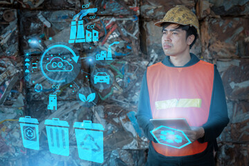 Asian engineer play a vital role in promoting energy conservation and waste sorting to protect the environment, Graphic, HUD.