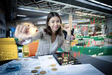 Beautiful asian business woman's strong grip on the golden coin shows her determination to succeed in the finance industry no matter how volatile the market may be, Graphic, HUD.